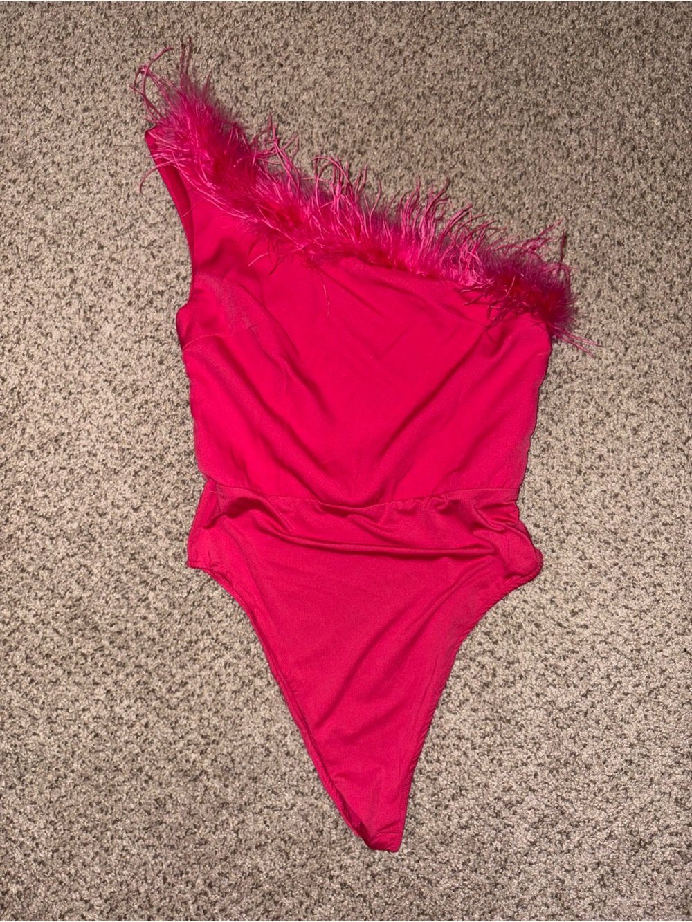 Boohoo Hot Pink One-Shoulder Feather-Trim Bodysuit